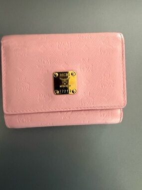 MCM Pink Leather Compact Wallet with Gold Logo Plaque COA